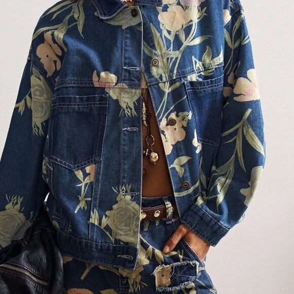 Blue Casual Women's Boho Music Festival Washed Print Denim Jacket - Picture 7 of 9